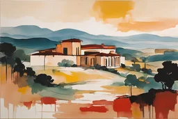 an abstract painting with fine ink outlining of an idyllic 16th century Spanish villa set amidst rolling hills and ancient olive groves at dawn , in the imagery-stain painting style of Helen Frankenthaler and Jean-Michel Basquiat, rich natural colors, museum quality masterpiece