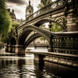 A classic stone bridge reminiscent of London Bridge spans a gentle flowing river. Ornate details adorn the elegant structure, complemented by vintage iron railings and lampposts. The scene harmoniously combines historic charm with the modern energy of the city, offering a serene yet lively backdrop for your photos.