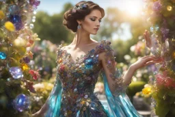 brunette woman in coloured glass dress set with gemstones, glittering metal stems and gemstone leaves in a flowergarden sharp focus elegant extremely detailed intricate very attractive beautiful dynamic lighting fantastic view crisp quality exquisite detail in the sunshine gems and jewels