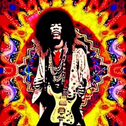 WOODSTOCK, hippie JIMI HENDRIX Santa playing electric guitar, psychedelic, peace sign, MUSHROOMS, TRIPPY, ACID, LSD, dreadlocks