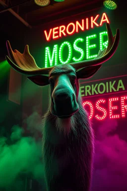 An big female moose with big eyes "Veronika Moser" performing at dance club, her name is "Moser" HAIRY FRUITS EVERYWERE On stage, Green Neon lights and smog, and "VERONIKA MOSER" big sign on the wall