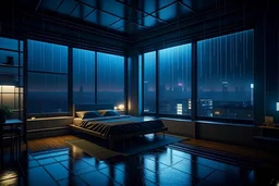 Beautiful cozy bedroom with floor to ceiling glass windows overlooking a cyberpunk city at night, thunderstorm outside with torrential rain, detailed, high resolution, photorrealistic, dark, gloomy, moody aesthetic
