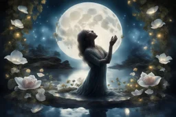 double exposure, merged layers, praying woman silhouette in backlit, glass and gemstone moonflowers bathing in the light from a full moon, rocks, water, amazing night sky, glowing flowers, vines, large stars highly detailed extremely detailed fantasy photorealistic beautiful high detail award winning hyperrealistic ultra detailed high definition crisp quality Jacek Yerka Ultra realistic Dominic Davison