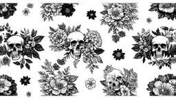 tracery of bones, flowers and skulls, black and white, minimalistic