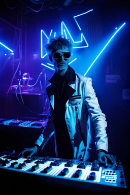 French cool synth player, he is called "Jean-Maurice Brûlée" performing at dance club, his name is "Jean-Maurice Brûlée" , white and blue Neon lights and smog, and "URANIUM" big sign on the wall, he is playing on synthesizers on stage with lot of laser beams and wearing black sunglasses, an earth is projected in background