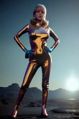 Ultra Realistic retro sci-fi portrait image from 1960, New York, spaceship, sweet young Jane Fonda, tight latex suit, weapon, fighting stance, soft color, highly detailed, unreal engine 5, ray tracing, RTX, lumen lighting, ultra detail, volumetric lighting, 3d, finely drawn, high definition, high resolution.