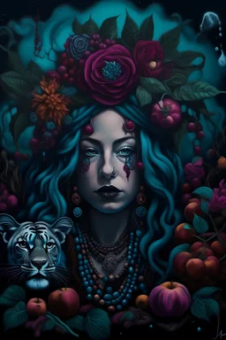 dark moody art with purple teals, blacks deep purples fat white woman with dreadlocks portrait, pomegranate tree in background roses with broken open pomegranate in front, snake, frog wolf flower black beads headdress, hyper realistic maximalist concept art