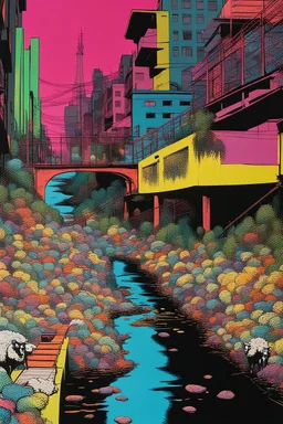 painting of a cyberpunk colourful natural walkway rubbish on the street in the city with pollution and a small bridge by a creek with electric sheep and androids by andy warhol