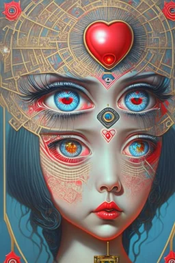 Artwork entitled "Stop AI Censorship" depicting an AI girl with a third eye and a heart; neo-surrealism.
