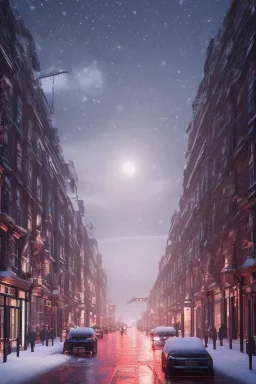 London street, Realistic night christmas, snow, 4k, big tree christimas, intricate, bump