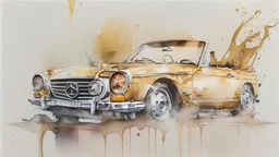 watercolor, zoom, soft, a detailed golden vintage cabriolet car, Mercedes Benz with white interior, graffiti elements, powerful zen composition, dripping technique, & the artist has used bright, clean elegant, with blunt brown border, 4k, detailed –n 9, ink flourishes, liquid fire, clean white background, zoom in, close-up,