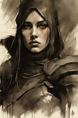 A formidable warrior girl in black armor, on the background Amazing gloomy landscape, flooded with sunset, mountains, trees, fabulous scary hero, , juicy emotions, painting, dark fantasy, gloomy day, dark world, portrait, A Quick Pencil Sketch Of A Portrait Of A 20 Years Old Woman; By Alex Maleev