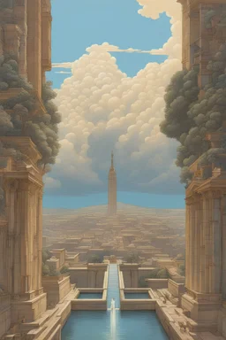 François Schuiten, lebbeus woods, Mysterious, strange, surreal, bizarre, fantasy, Sci-fi, Japanese anime, Roman ruins, statue made of various types of three-dimensional assemblages, blue sky and thunderclouds, detailed masterpiece bird’s eye view wide angles