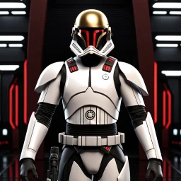 star wars bald male corellian pilot wearing pearlescent black and gunmetal grey First Order special forces heavy assault stealth commando armor and helmet with gold and red trim inside the jedi temple, hyperdetailed, dynamic lighting, hyperdetailed background, 8k resolution, volumetric lighting, light skin, fully symmetric details