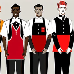 Three black waiters with red and black uniforms in hall