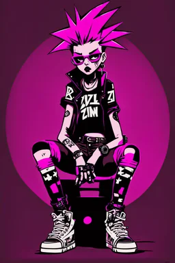 Punk girl, sit pose, darkpink tones, style Invader Zim,