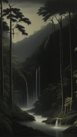 A black jungle with waterfalls painted by Caspar David Friedrich