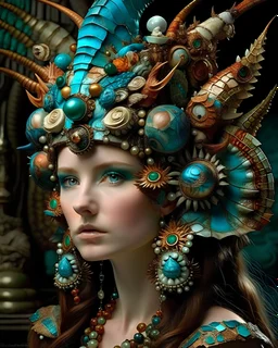 Beautiful woman portrait, adorned with white blue and turquoise and jade and malachite ribbed mineral stone colours and beige eggshell ocous and sea horse colour and brown and coralls red mollusk shell headdress, venetian style mollusk shell face masque and wearing sea costume armour ribbed with irridescent bioluminescense Golden dust and mollusk shell ribbed costume organic bio spinal ribbed detail of full floral and bokeh coralls sea lights mollusk shell background extremely detailed hyperrea