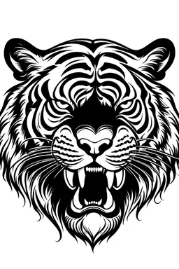 Vector drawing of tiger face, roaring side, white and black colors, simple lines without background