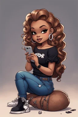 Create a pop punk image of a black chibi curvy female sitting on the floor looking at her cell phone. She is wearing tight blue jeans and a black off the shoulder blouse. Prominent make up with lush lashes. Highly detailed wavy ombre blonde and brown long hair. She is also wearing silver large hoop earrings