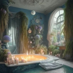 a gorgeous, stunning spa with gauzy curtains, dark wood floor, decorative blue-green ocean in glass ball, plants, smooth black stones, candles, 8k resolution, high-quality, fine-detail, digital art, detailed matte, volumetric lighting, illustration, 3D octane render, brian froud, howard lyon, selina french, anna dittmann, annie stokes, lisa parker, greg rutowski, George Grie, Ben Goossens, Igor Morski