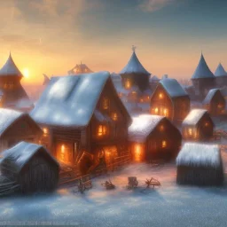 quaint fantasy medieval farming village in frost night with wooden buildings grasslands plains