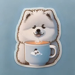 Make a sticker of Fluffy samoyed holding a cup of steaming coffee. 4 paws. Small cup.