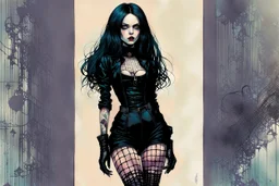 Create and fine print full body illustration of a Goth Girl ball jointed doll, with finely lined and detailed facial features in a ragged gothic dress, fishnet stockings ,battered combat boots, , in the graphic novel style of Bill Sienkiewicz, and Jean Giraud Moebius, precisely drawn, colored and inked