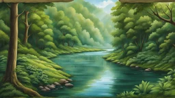 A peaceful scene of a river flowing through a lush, green forest. The Green Water is calm, and the surrounding trees and bushes create a picturesque, natural environmen.