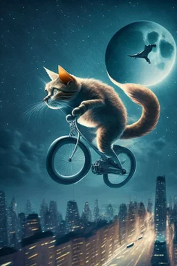 A pedaling cat riding a bicycle is flying at night in the sky over tall buildings.