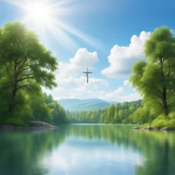 Jesus on his cross in a A peaceful landscape with a calm river or lake reflecting the blue sky and scattered white clouds, surrounded by lush green forest on both sides. The scene is natural, untouched, and serene. Daytime setting with soft, natural lighting and clear weather