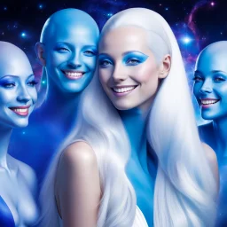 Joyeux conseil de plusieurs pleiadiens hommes et femmes souriants à peau bleue et à long cheveux blancs ou chauves