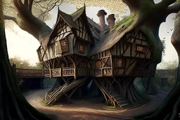 large medieval wooden treehouse, with a balcony, and a cobbled road going through the middle, in a wood, photo-realistic