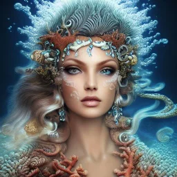 high-quality, fine-detail close-up portrait of gorgeous, stunning goddess of water, stormy waves as, coral reef exoskeleton, 8k resolution, 3D octane render, intricate, digital art, detailed matte, volumetric lighting, George Grie, Anne Dittman, Anne Stokes, Lisa Parker, Selina French,