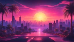 Distant Synthwave Cityscape, (masterpiece), (beautiful), (UHD, HDR), (8k), (highres:1.2), (ultra detailed), (cinematic), (synthwave), (synthwave far distant cityscape), lora:add_detail:1, distant giant sun setting in distance, perfectly centered composition, horizontal lines, palm trees, ultra detailed, dslr, HDR, 4k
