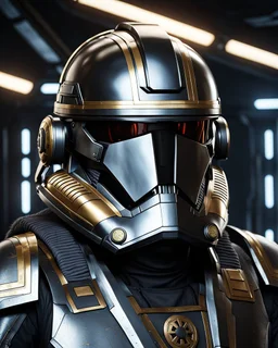 star wars bald male corellian pilot wearing pearlescent black and gunmetal grey First Order special forces heavy assault stealth commando armor and helmet with gold trim inside the jedi temple, hyperdetailed, dynamic lighting, hyperdetailed background, 8k resolution, volumetric lighting, light skin, fully symmetric details