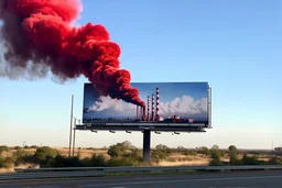 surreal full color photograph, long shot of a billboard on side of a highway containing a modern mural of giant smokestacks spewing thick crimson billowy smoke that transgresses the billboard pouring into the real sky congealing into a cloud on the horizon, surreal, sophisticated, profound, dramatic