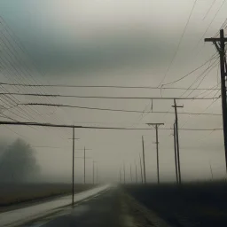 An empty road on a misty day. Telegraph poles and wires. Muted tones. Tilted high horizon. With blotches, blurry areas and lens noise and grain. Photo 4k