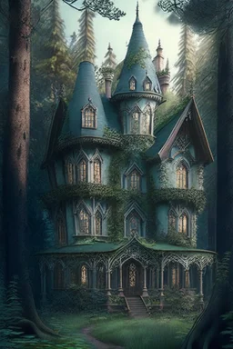 victorian fantasy house surrounded by forest