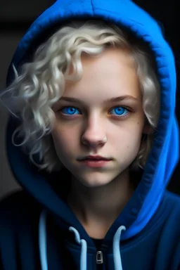 Girl with white short curly hair, blue eyes and black hoodie