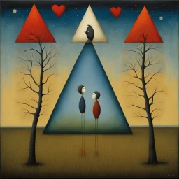 Style by Rafal Olbinski and Squeak Carnwath and Andy Kehoe, abstract surreal art, a metaphorical representation of the ephemeral triangular relationship of love rivalries, gestalt lunatic grass shine, warm colors, sinister, surreal masterpiece, dynamic diagonal layout composition, juxtaposition of the uncanny and the banal, sharp focus, weirdcore, never-before-seen