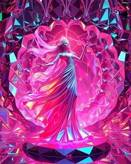 very complex structure ,pretty viberating color environment 3d metalic and crystal recursive animating beveled geometric base very complex structure future world evolving background and goddess lady in pretty cleric dress comes out dancing gracefully , viberating color moving very in modern city escap environment while camera tracking it.