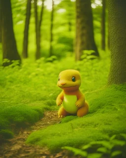 hyper realistic Charmander baby left in the woods,weird,otherworldly, real, vintage photograph,film set, 85mm lens, f/2.8 aperture