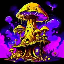 A fantabulous black, yellow, and indigo (((mushroom tower house))) erected atop a (geologic pillar), surrounded by the uncanny imaginative ((( swirling skies))), offset by the stark hues of a (neon-tinged nebulous space scape), within. captured by the hand a skilled master painter with a focus on (softly blurred compositions and voluminous lighting).