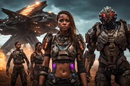 Beautiful girl with rainbow eyes, tribal warrior, strong, resilient, defiant, full body, with family of 5 beside her, defending, Masterpiece, best quality, cinematic lighting, futuristic, standing in front of crashed spaceship, tough stance.