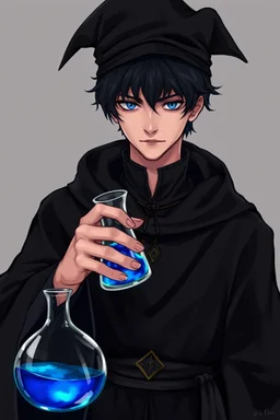 black hair, blue eyes,19year old, male, wearing black robes, alchemist, holding a flask full of blue liquid,wearing crumpled black pointed hat, in the style of Harry Clarke