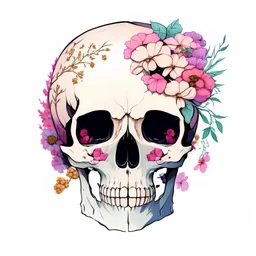 a human skull with flowers around and between its bones, no background color, anime style, front view, semi realistic