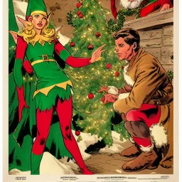 two elves. woman and man. Christmas scene. poster. marvel comic. low-key