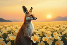 oil paint, kangaroo fox mother nature in A vast, tranquil landscape bathed in the golden glow of a spring sunset, with a sea of white radianroses stretching across sharp mountain hills under a soft, pastel-colored sky. The flowers sway gently in a soft breeze, creating a vibrant, dream-like ocean of yellow against the serene background. close up on a natural beauty face A solitary figure, perhaps a poet or dreamer, stands in awe at the beauty, their presence almost blending with the natural scen