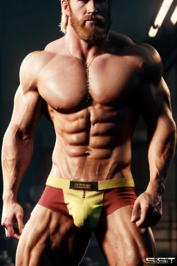 Ignore NSFW, teenager young rugged attractive slightly muscular fantasticly handsome blonde man, red briefs with yellow belt, hairy chest, (((visibly pisssing))) briefs, large erect visible boner peniss, photorealistic, artist Jay Anacleto, soft lighting, scruffy beard